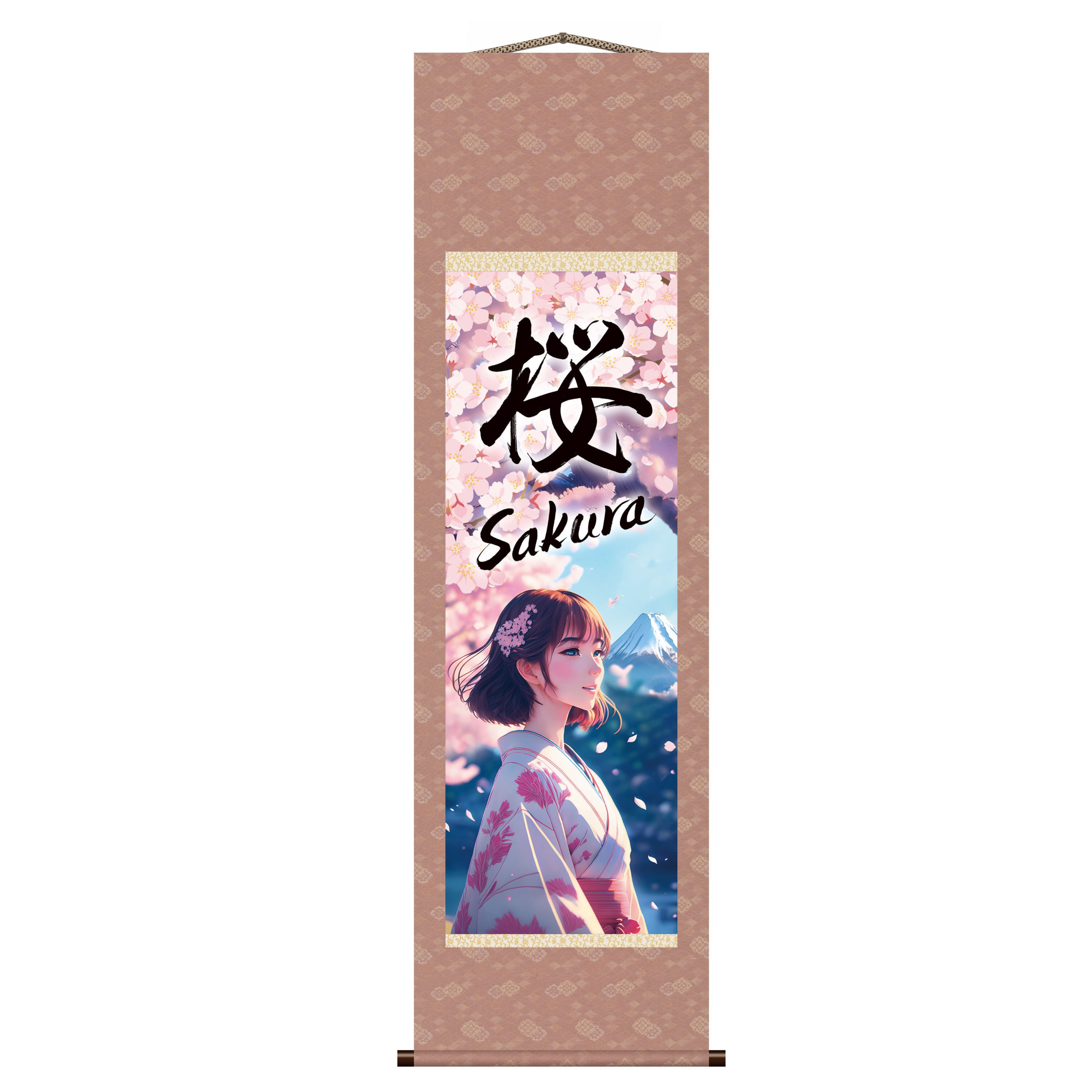 Cherry Blossom Kimono Artwork with Mount Fuji