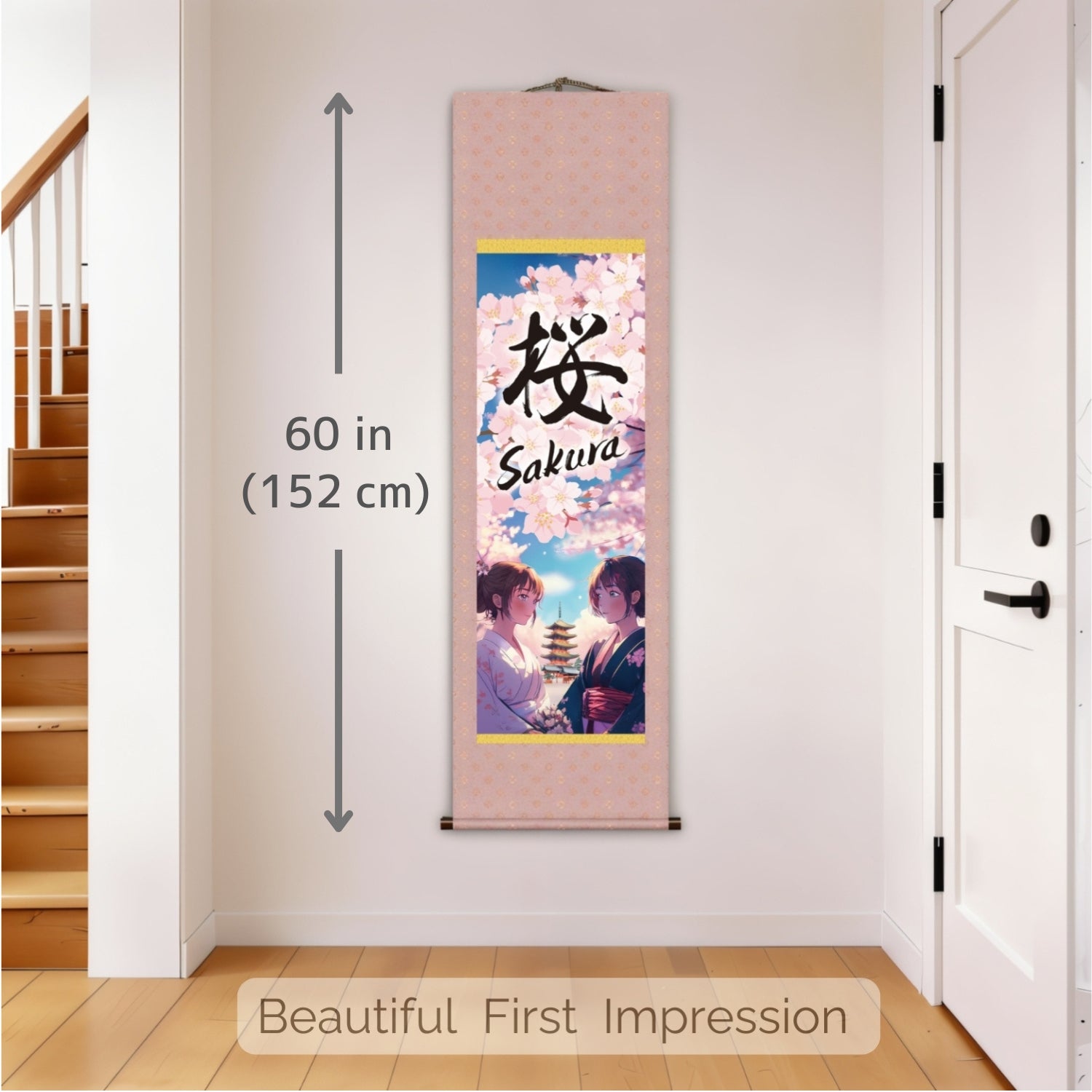Anime japonais Sakura Kakemono Wall Scroll – Femmes en kimono avec pagode 