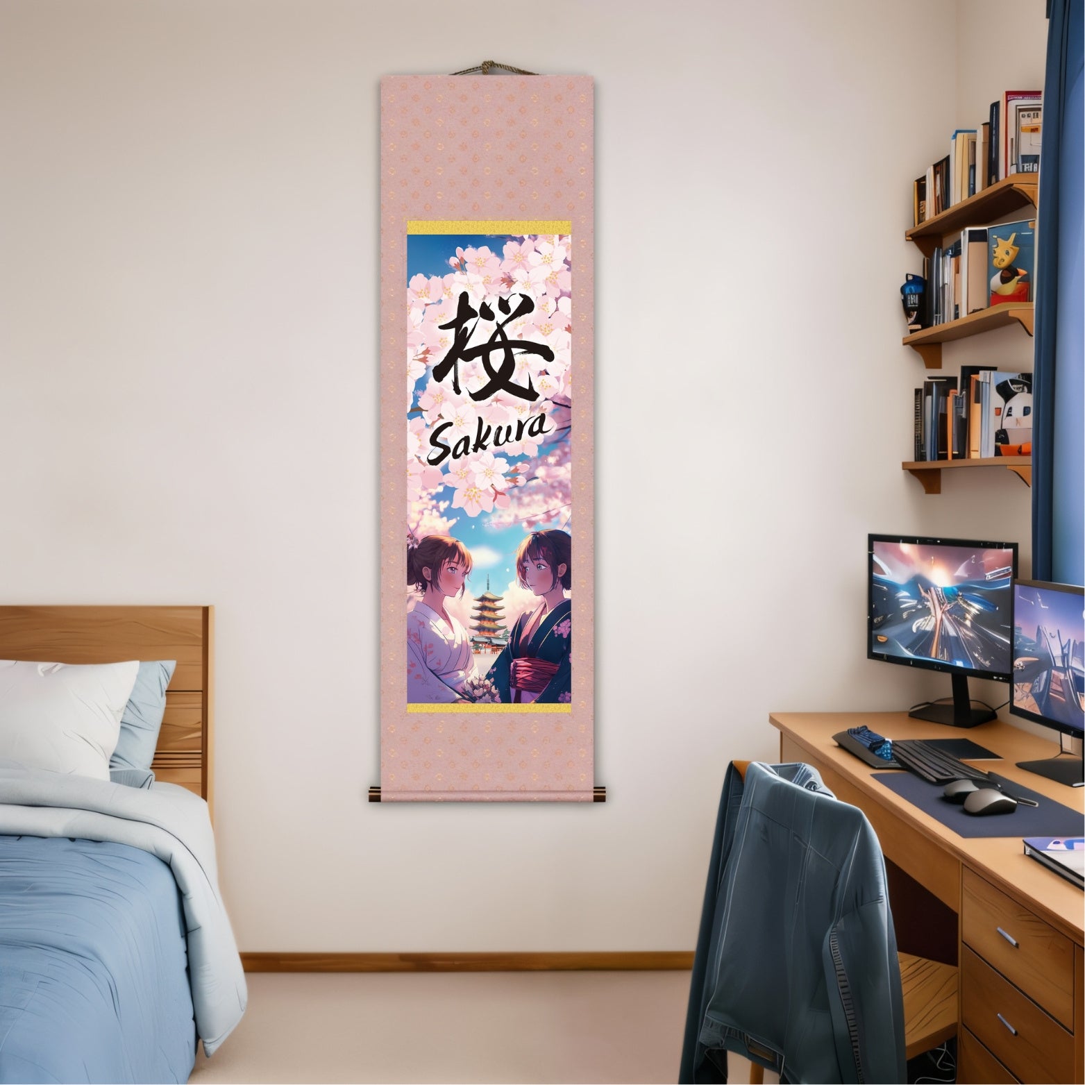 Anime japonais Sakura Kakemono Wall Scroll – Femmes en kimono avec pagode 
